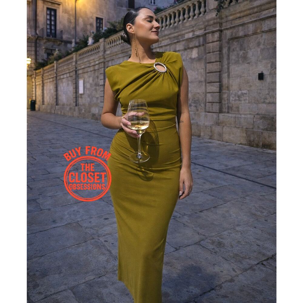 Zara NWT Olive Green Ruched Gold Hardware Midi Dress L - Picture 9 of 16